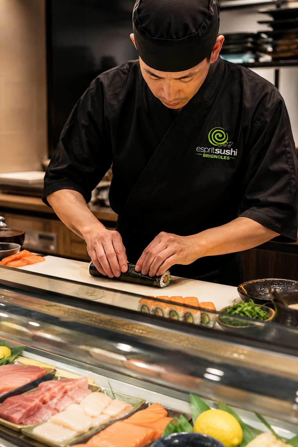 Chef Esprit Sushi roulant un maki au comptoir